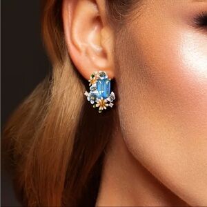 Blue & Gold Floral Crystal Stud Earrings Elegant Vintage Style NWT